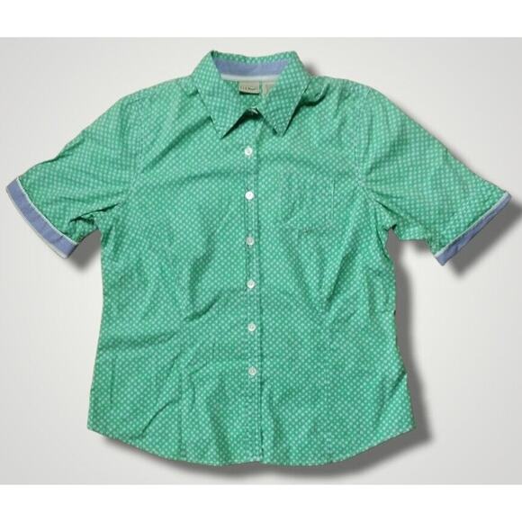 L.L. Bean Women's Short Sleeve Button Up Green Polka Dot W/Contrasting Trim Sz M - Picture 1 of 8